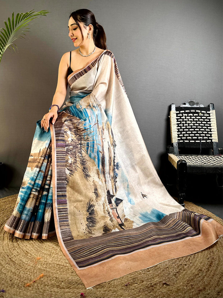 Beige Soft Silk Saree with Artistic Watercolor Landscape Print