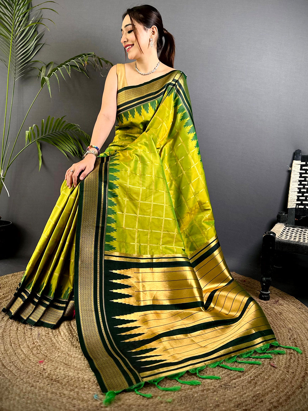 Lime Green Soft Silk Saree with Dark Green Temple Zari Border