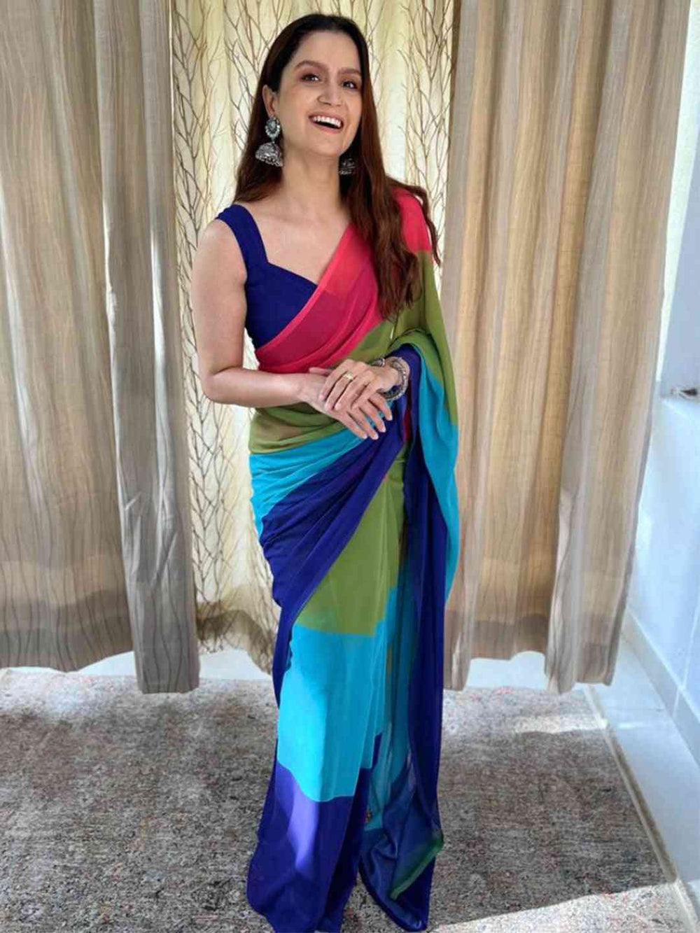 Multicolor Georgette Saree with Bold Colorblock Design