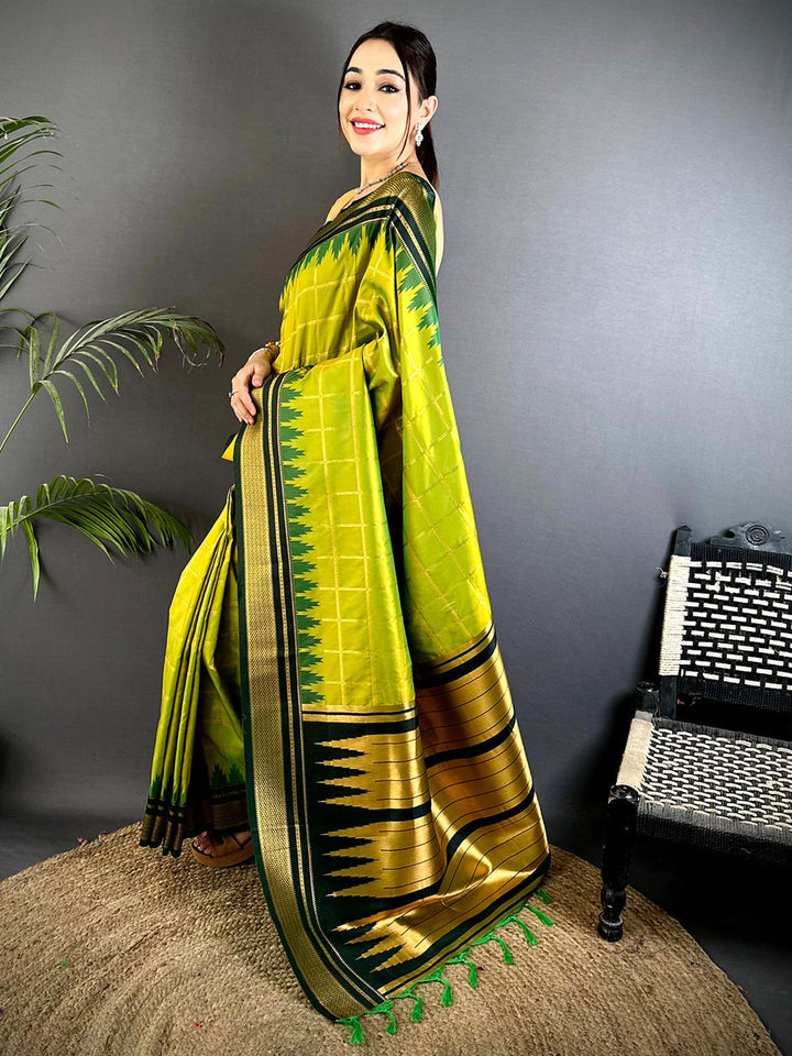 Lime Green Soft Silk Saree with Dark Green Temple Zari Border
