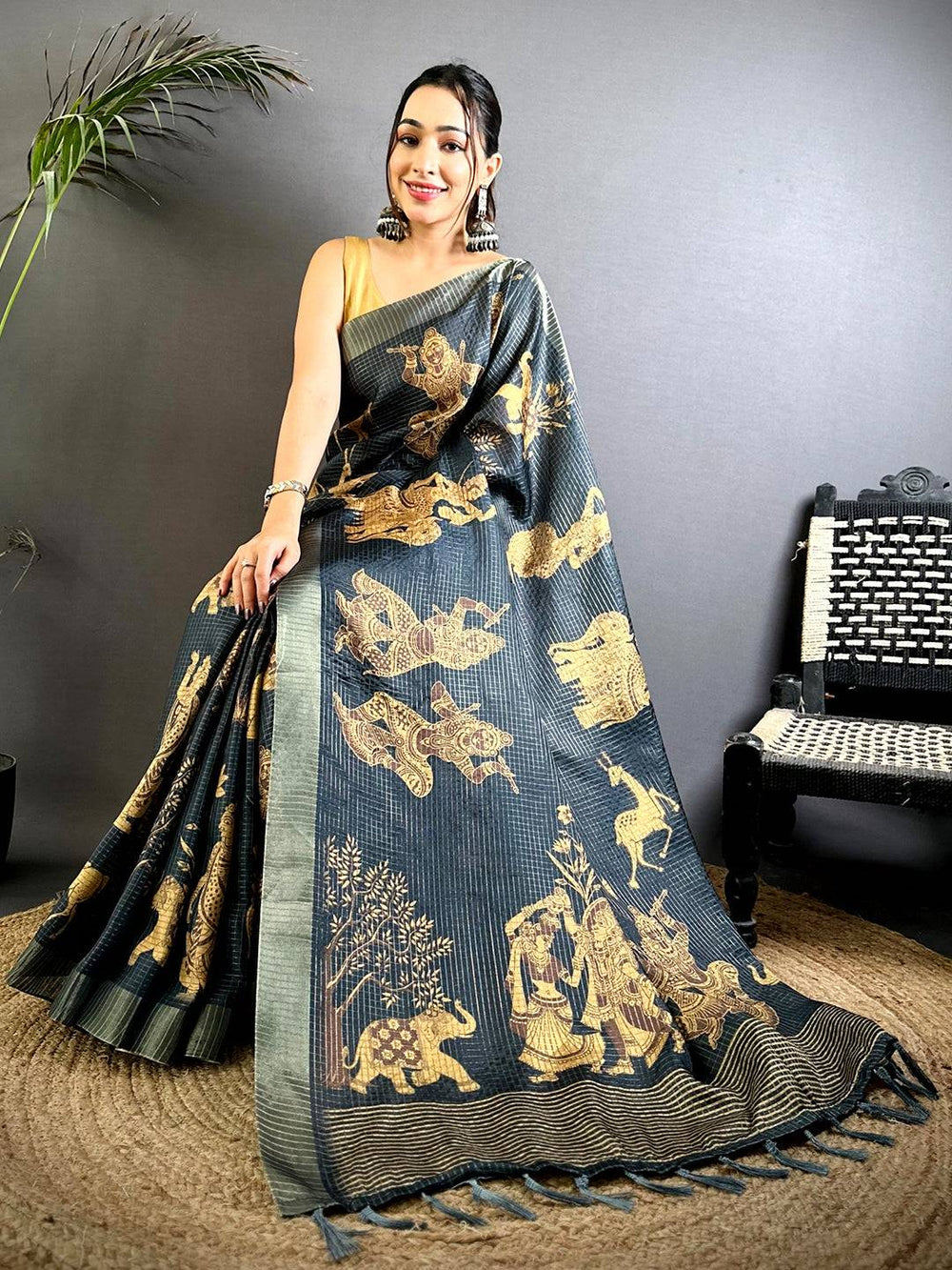 Black Soft Silk Saree with Antique Golden Tribal Motifs