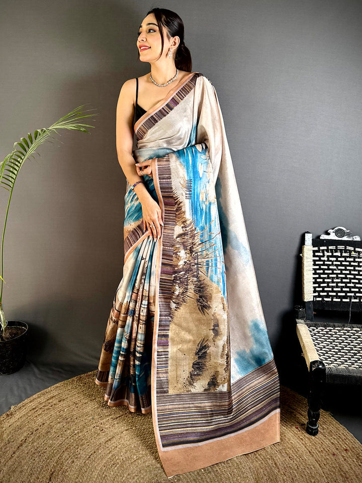 Beige Soft Silk Saree with Artistic Watercolor Landscape Print