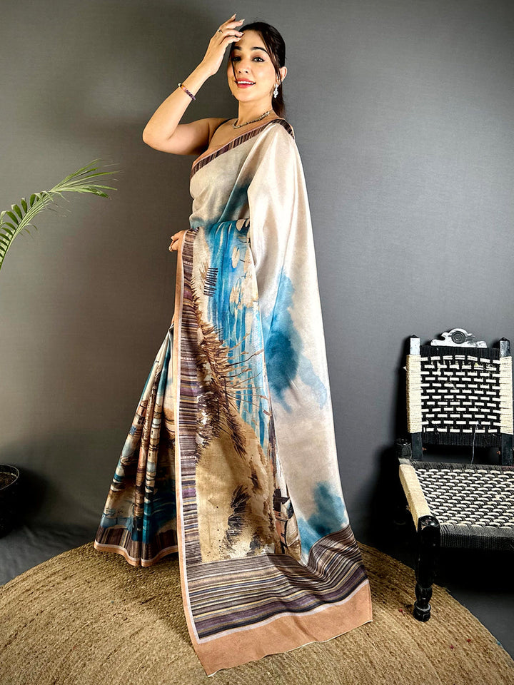 Beige Soft Silk Saree with Artistic Watercolor Landscape Print