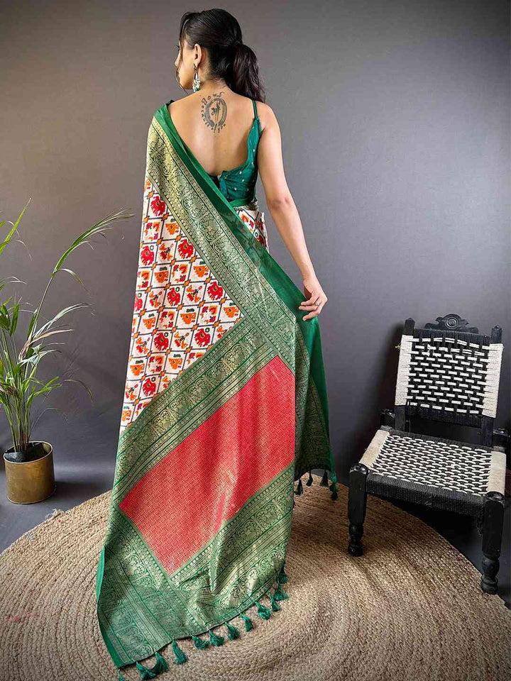 Green Patola Print Soft Silk Saree with Contrast Red Border