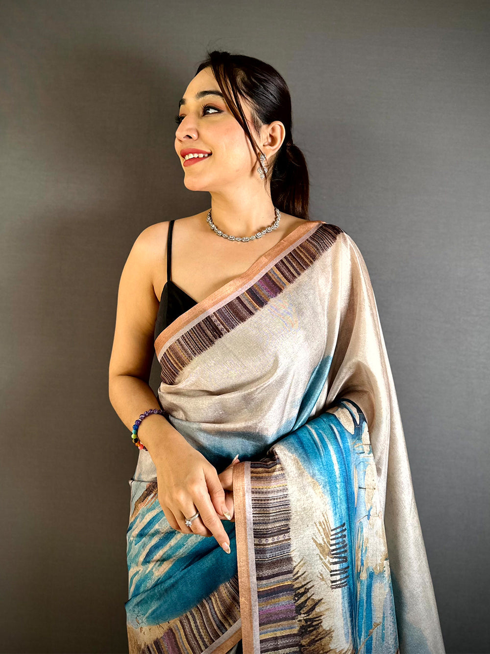 Beige Soft Silk Saree with Artistic Watercolor Landscape Print