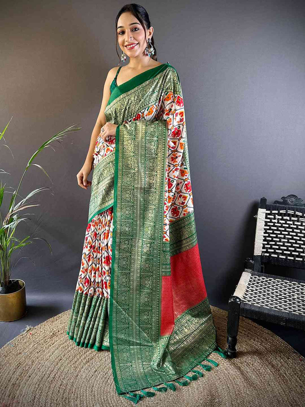 Green Patola Print Soft Silk Saree with Contrast Red Border