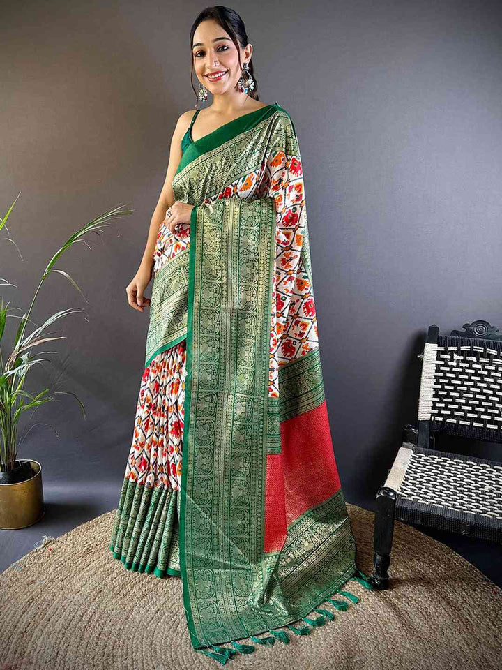 Green Patola Print Soft Silk Saree with Contrast Red Border