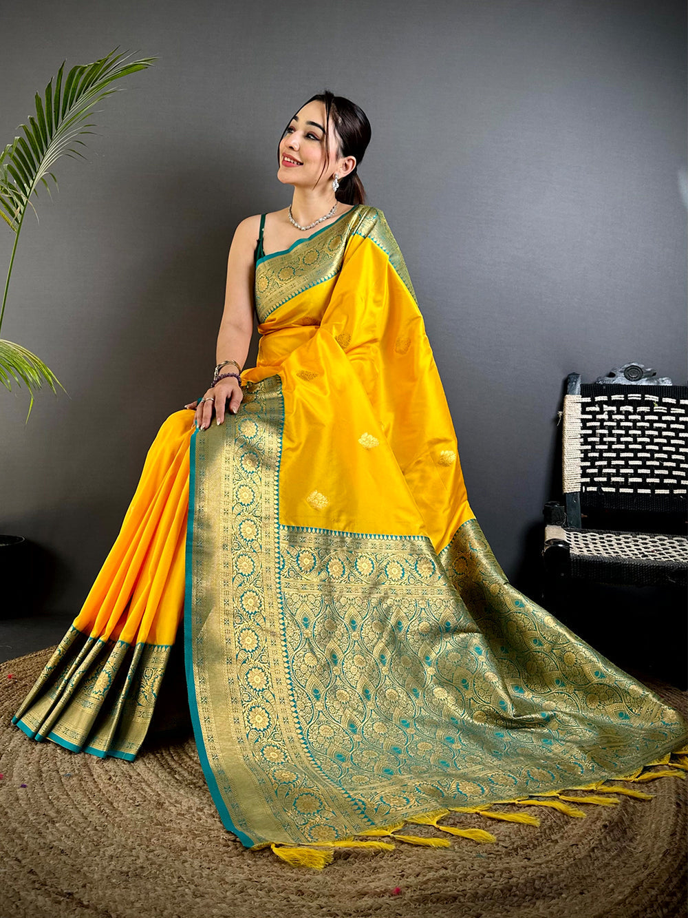Yellow Soft Silk Saree with Teal Blue Golden Zari Border