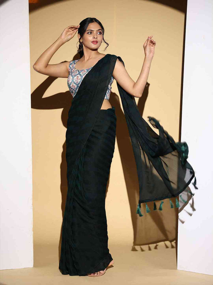 Black Solid Georgette Saree with Tassel Pallu