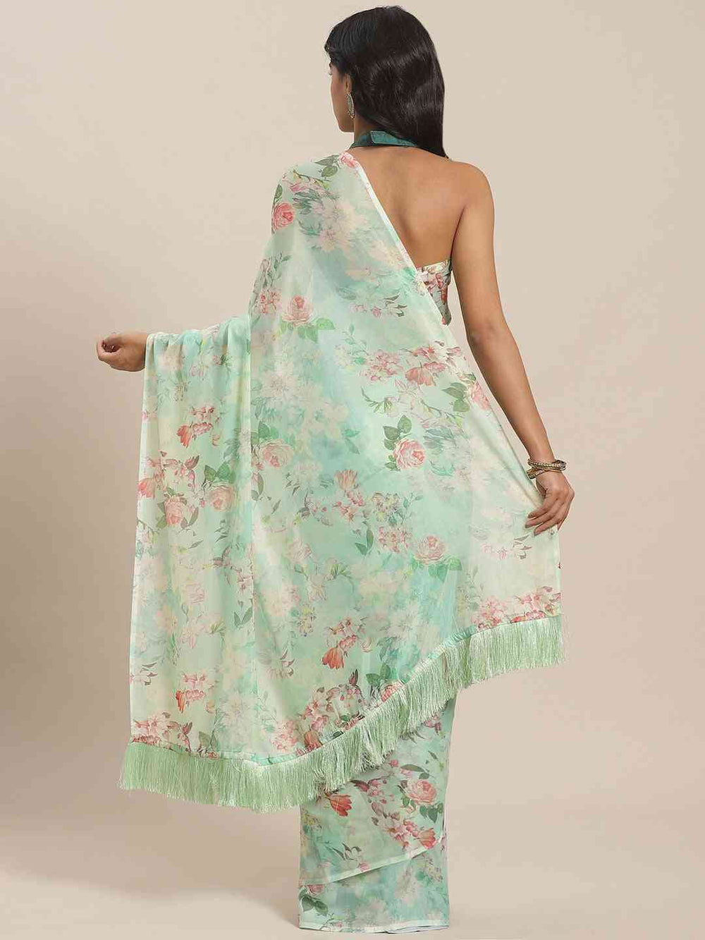 Mint Green Floral Printed Satin Saree with Tassel Pallu