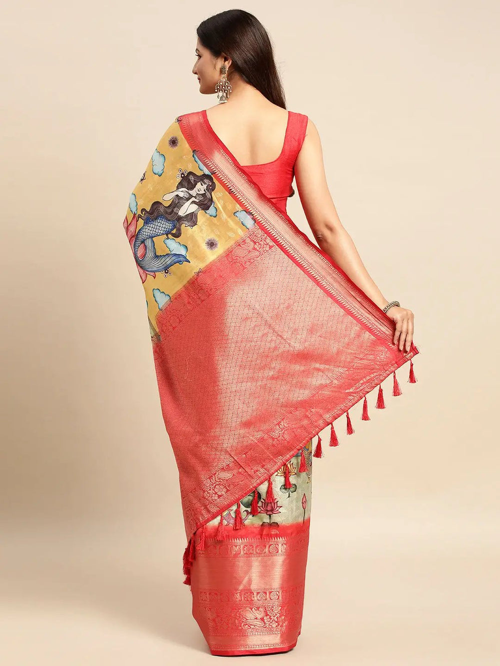 Yellow & Red Banarasi Silk Saree with Artistic Digital Print & Rich Zari Border
