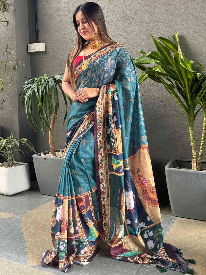 Teal Blue Madhubani Print Soft Silk Saree with Rich Zari Border