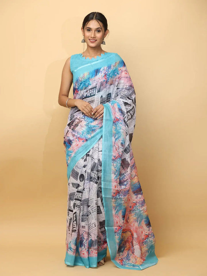 Aqua Blue Linen Digital Print Saree with Newspaper & Abstract Design
