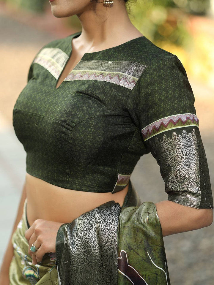 Olive Green Banarasi Soft Silk Saree with Floral Weaving & Rich Zari Pallu