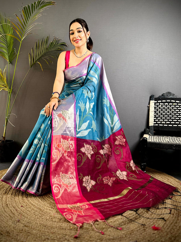 Multicolor Soft Silk Saree with Floral Woven Design