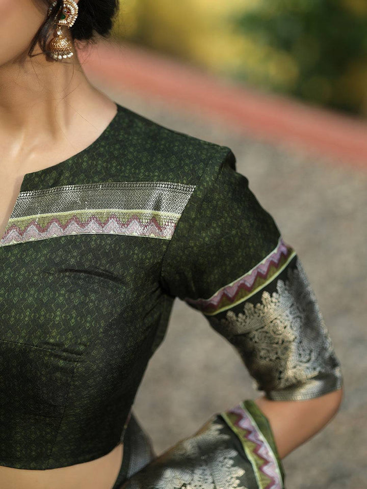 Olive Green Banarasi Soft Silk Saree with Floral Weaving & Rich Zari Pallu