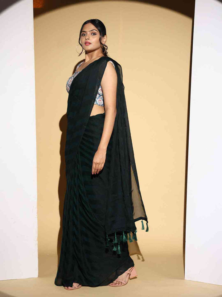 Black Solid Georgette Saree with Tassel Pallu