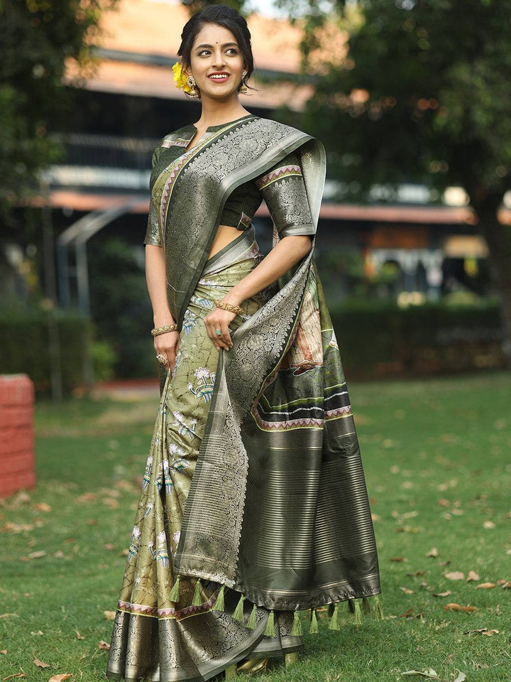 Olive Green Banarasi Soft Silk Saree with Floral Weaving & Rich Zari Pallu