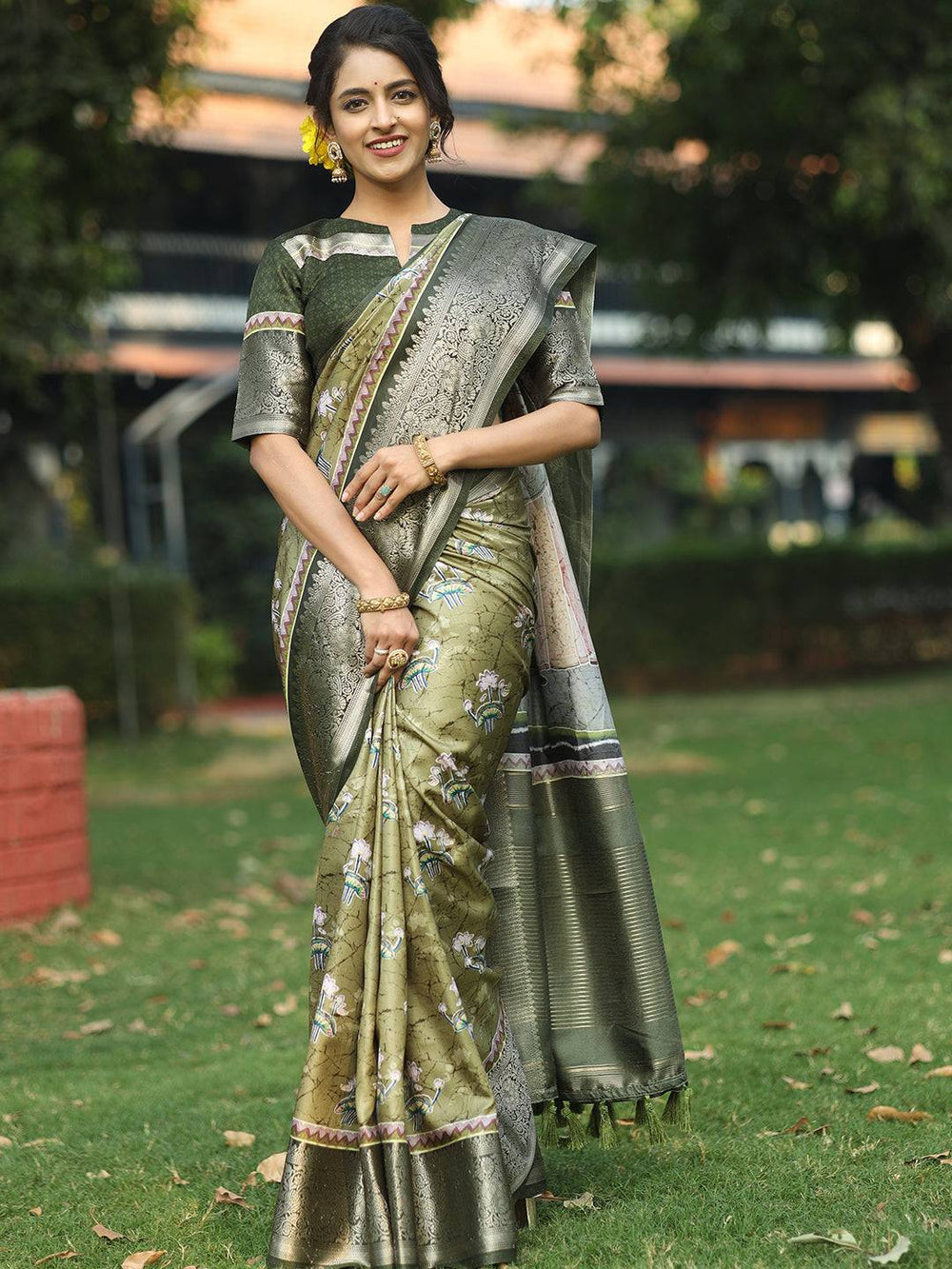 Olive Green Banarasi Soft Silk Saree with Floral Weaving & Rich Zari Pallu
