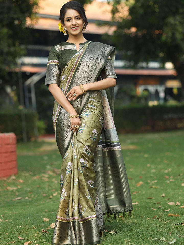 Olive Green Banarasi Soft Silk Saree with Floral Weaving & Rich Zari Pallu