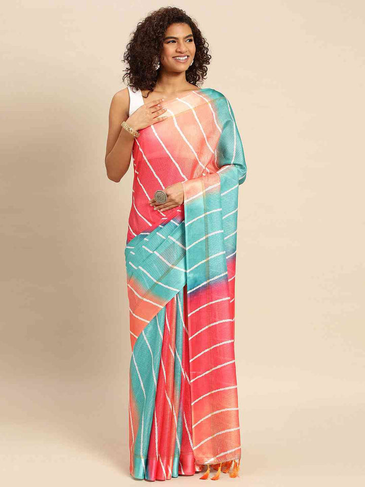 Coral & Teal Ombre Linen Saree with Handcrafted Stripe Design