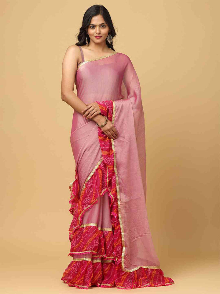 Pink Ruffle Border Bandhani Print Saree