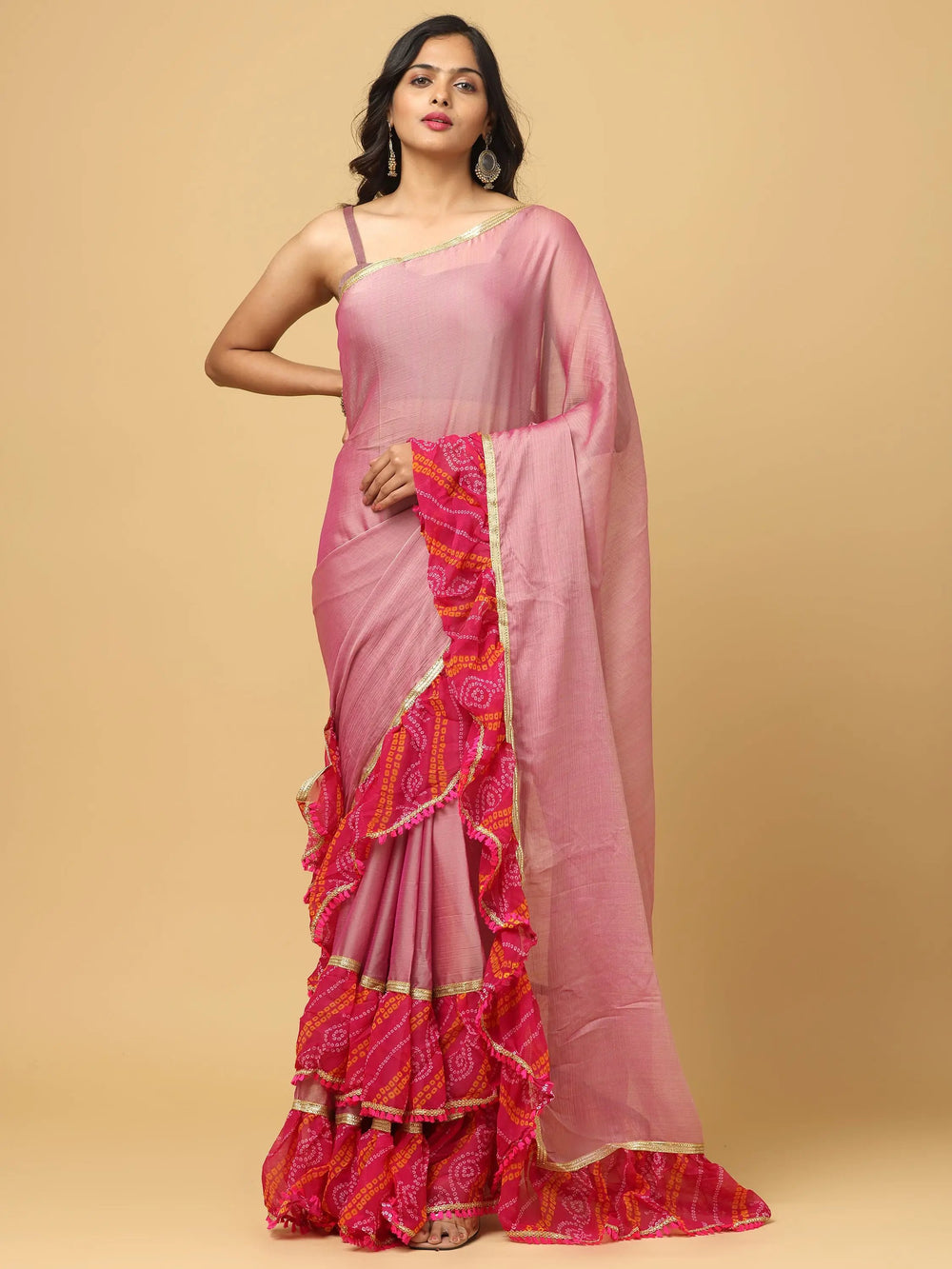 Pink Ruffle Border Bandhani Print Saree