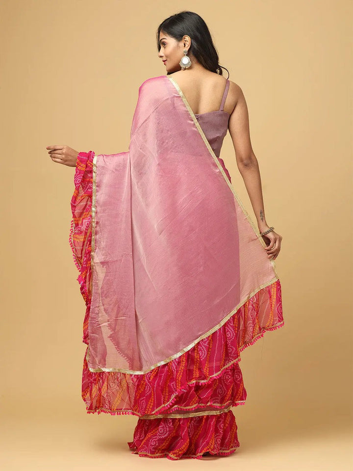 Pink Ruffle Border Bandhani Print Saree