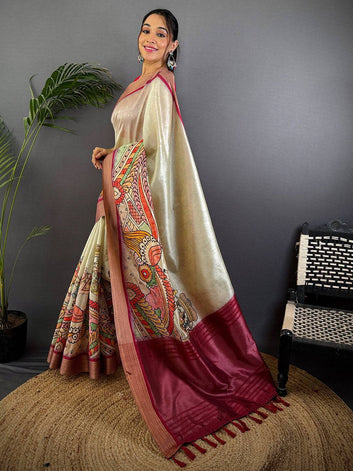 Cream Linen Silk Saree with Artistic Kalamkari Print & Maroon Border