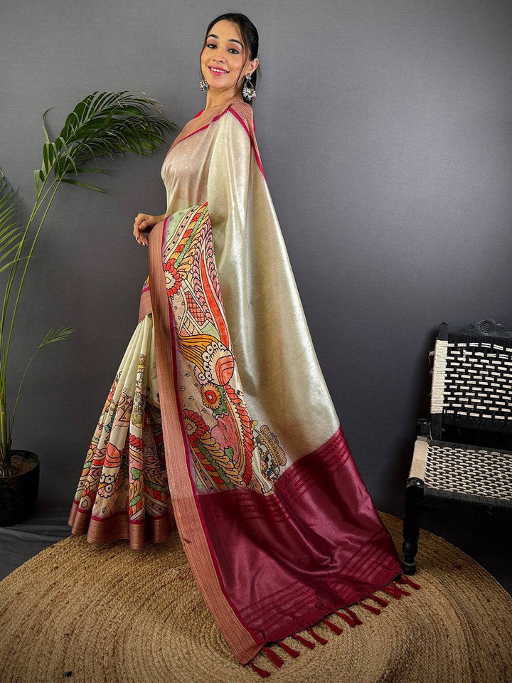 Cream Linen Silk Saree with Artistic Kalamkari Print & Maroon Border