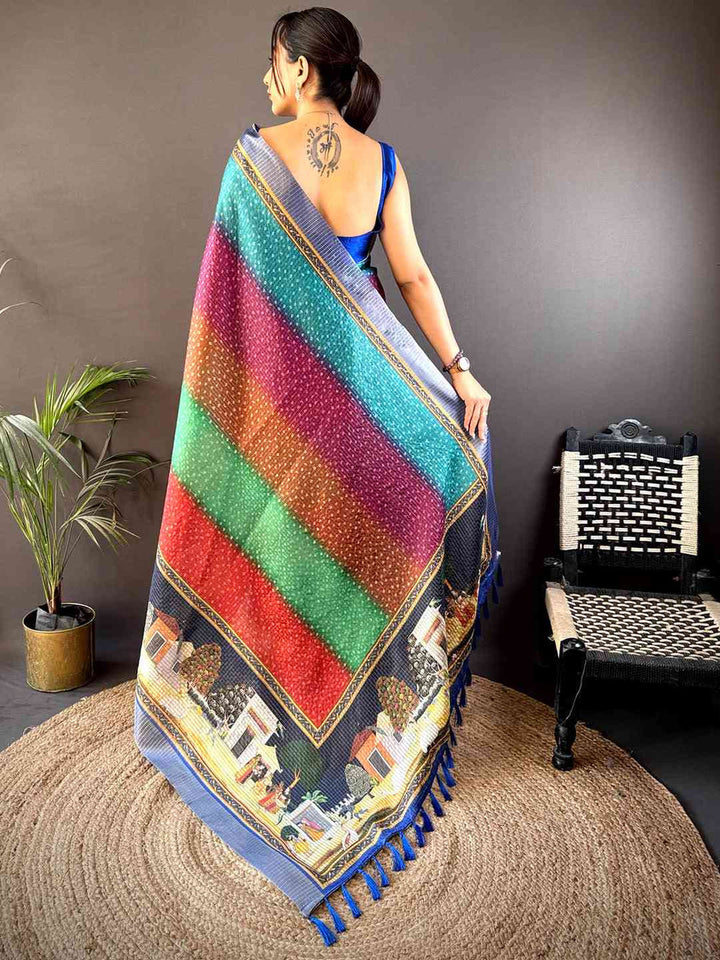 Multicolor Printed Silk Saree with Village Theme Artwork & Rich Designer Pallu