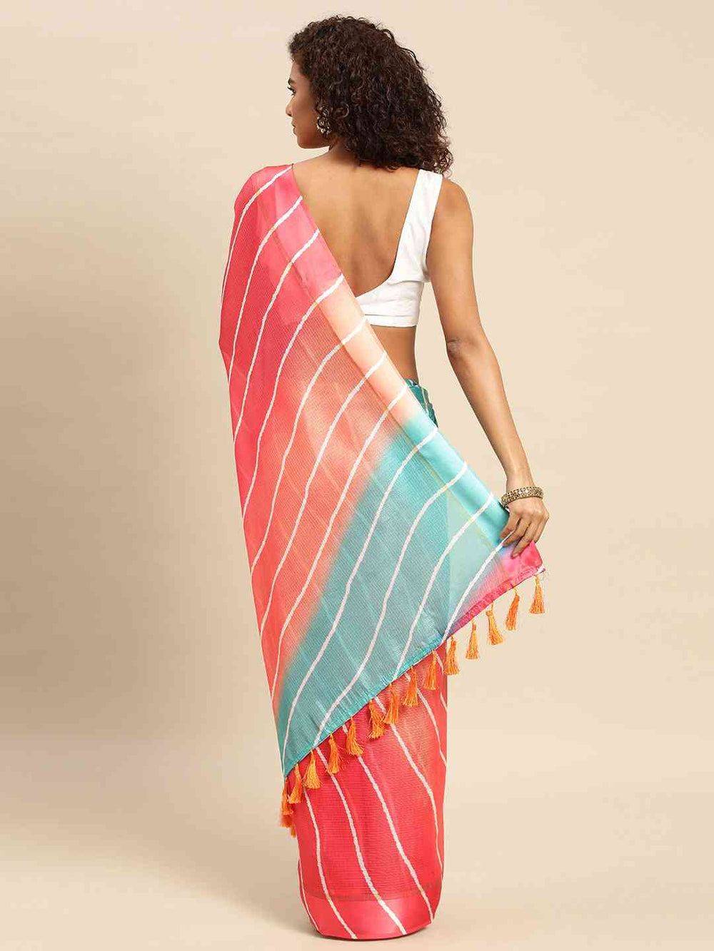 Coral & Teal Ombre Linen Saree with Handcrafted Stripe Design