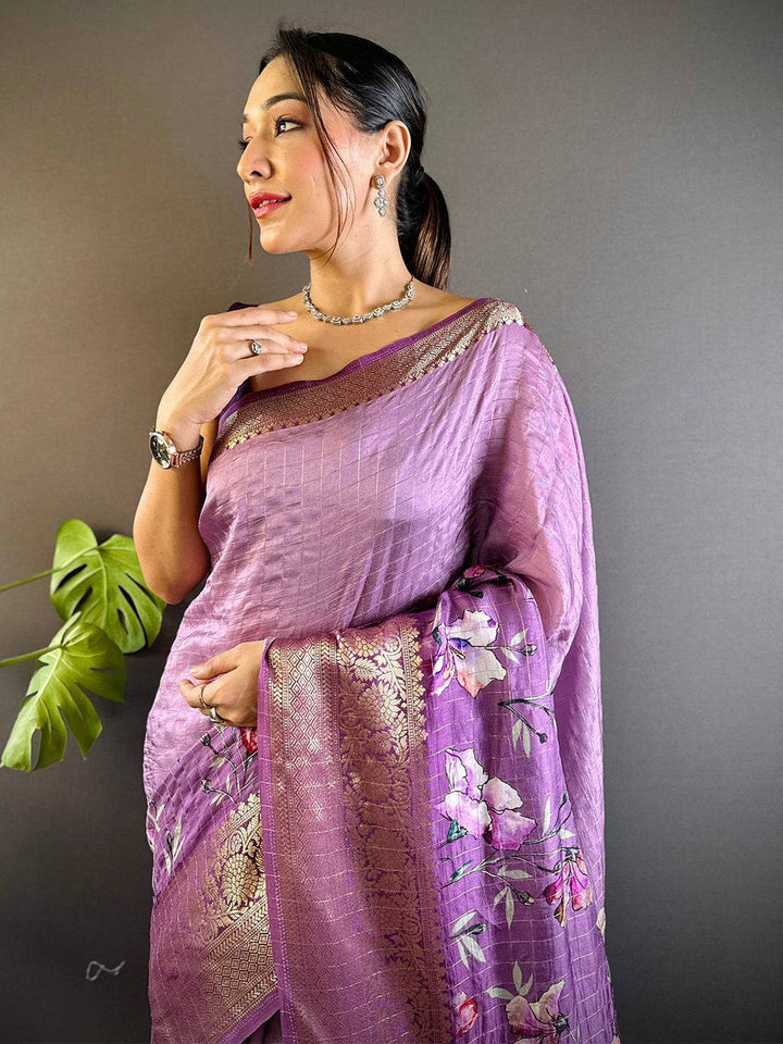 Lavender Purple Soft Silk Saree with Floral Print & Rich Zari Border