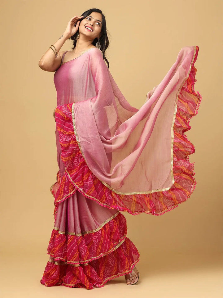 Pink Ruffle Border Bandhani Print Saree