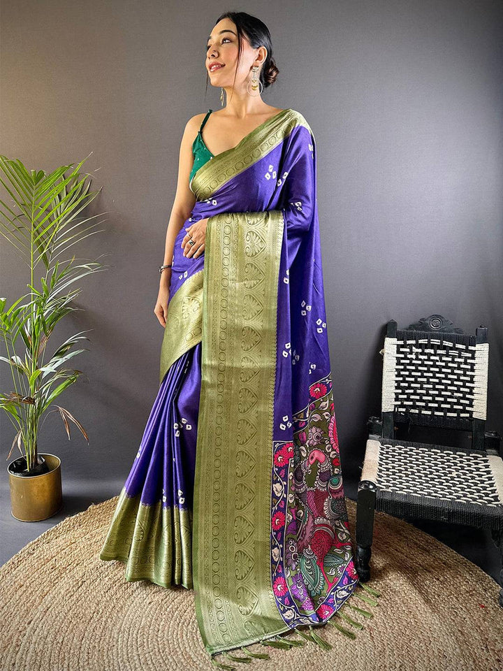 Purple Soft Silk Saree with Olive Green Zari Border & Artistic Pallu