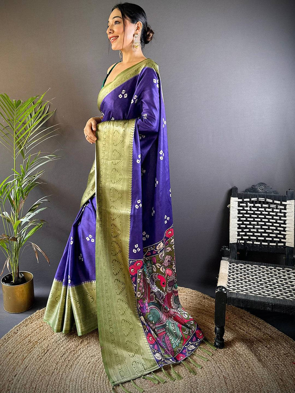Purple Soft Silk Saree with Olive Green Zari Border & Artistic Pallu