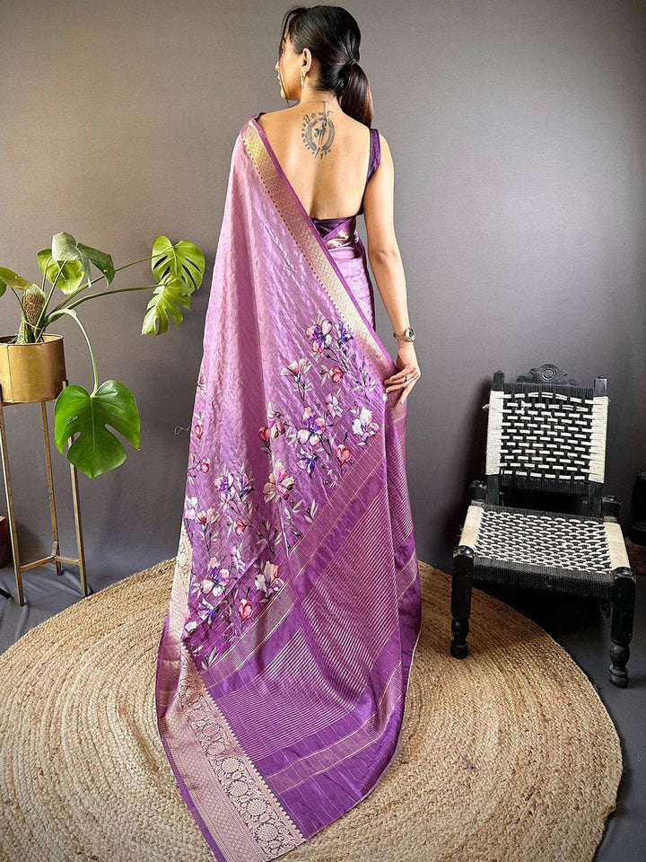 Lavender Purple Soft Silk Saree with Floral Print & Rich Zari Border