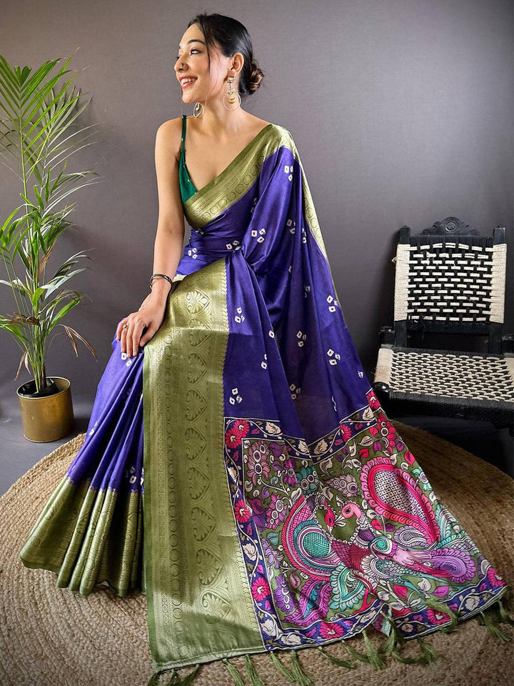 Purple Soft Silk Saree with Olive Green Zari Border & Artistic Pallu