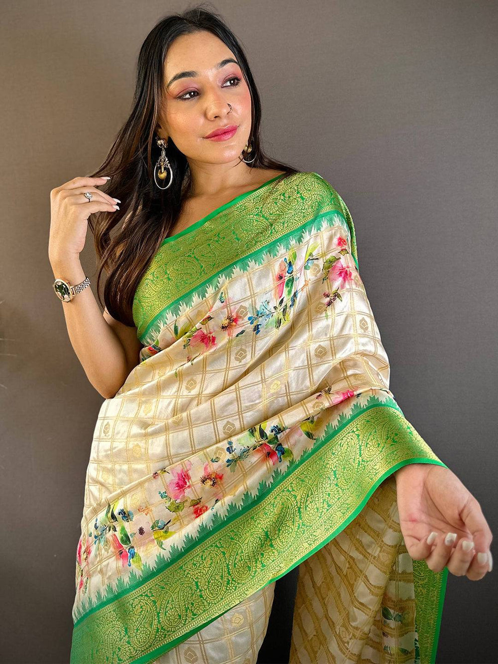 Cream & Green Soft Silk Saree with Floral Print and Rich Green Zari Border