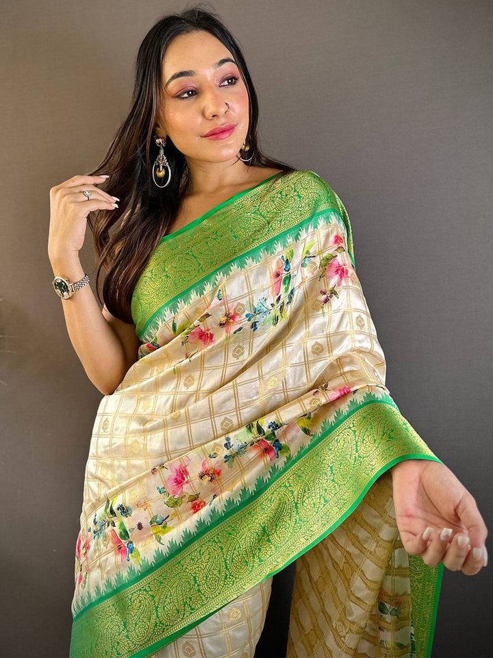 Cream & Green Soft Silk Saree with Floral Print and Rich Green Zari Border