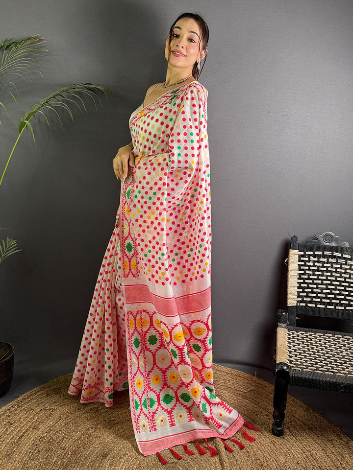 White Bandhani Print Cotton Saree with Colorful Dots & Tassel Border