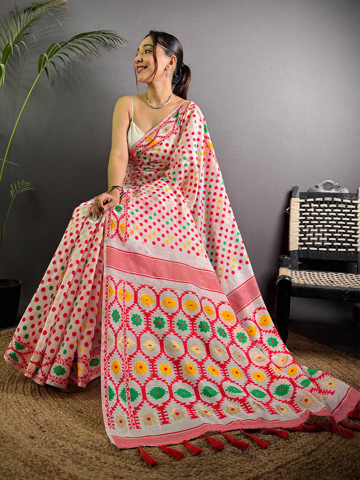 White Bandhani Print Cotton Saree with Colorful Dots & Tassel Border