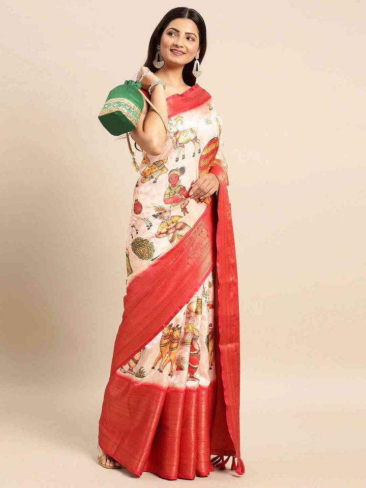 Cream & Red Banarasi Silk Saree with Traditional Village Art Print & Zari Border
