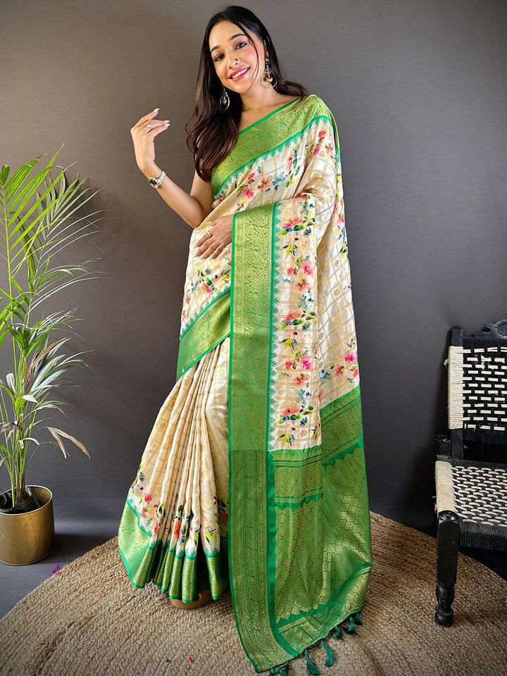 Cream & Green Soft Silk Saree with Floral Print and Rich Green Zari Border