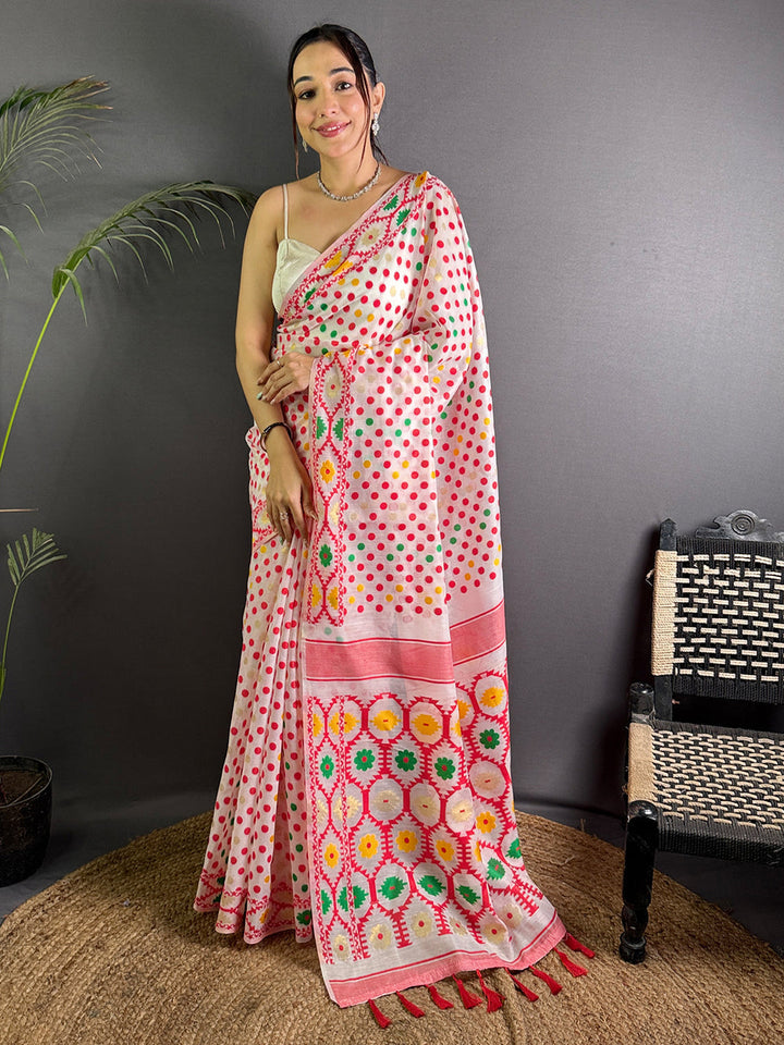 White Bandhani Print Cotton Saree with Colorful Dots & Tassel Border