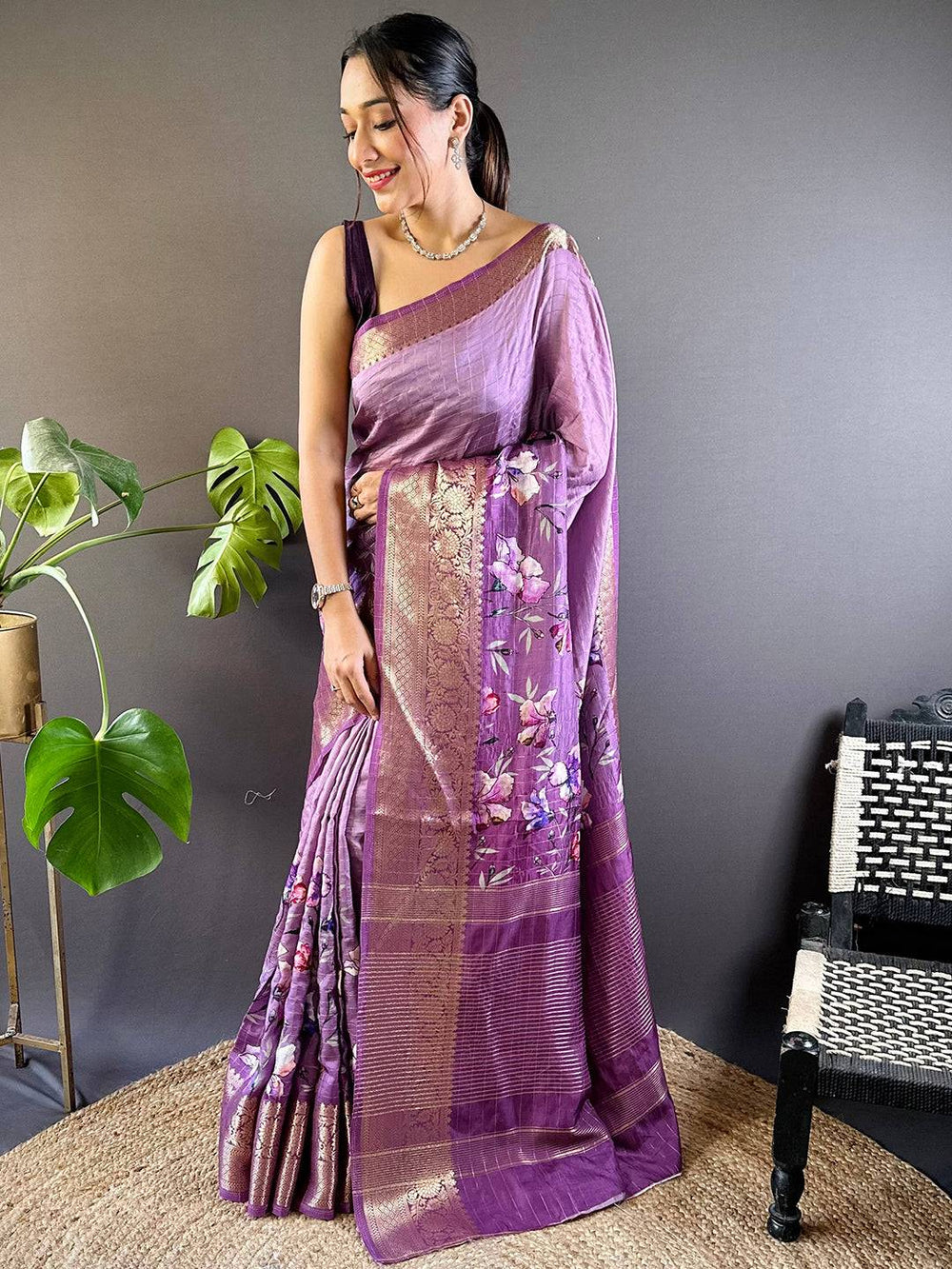 Lavender Purple Soft Silk Saree with Floral Print & Rich Zari Border