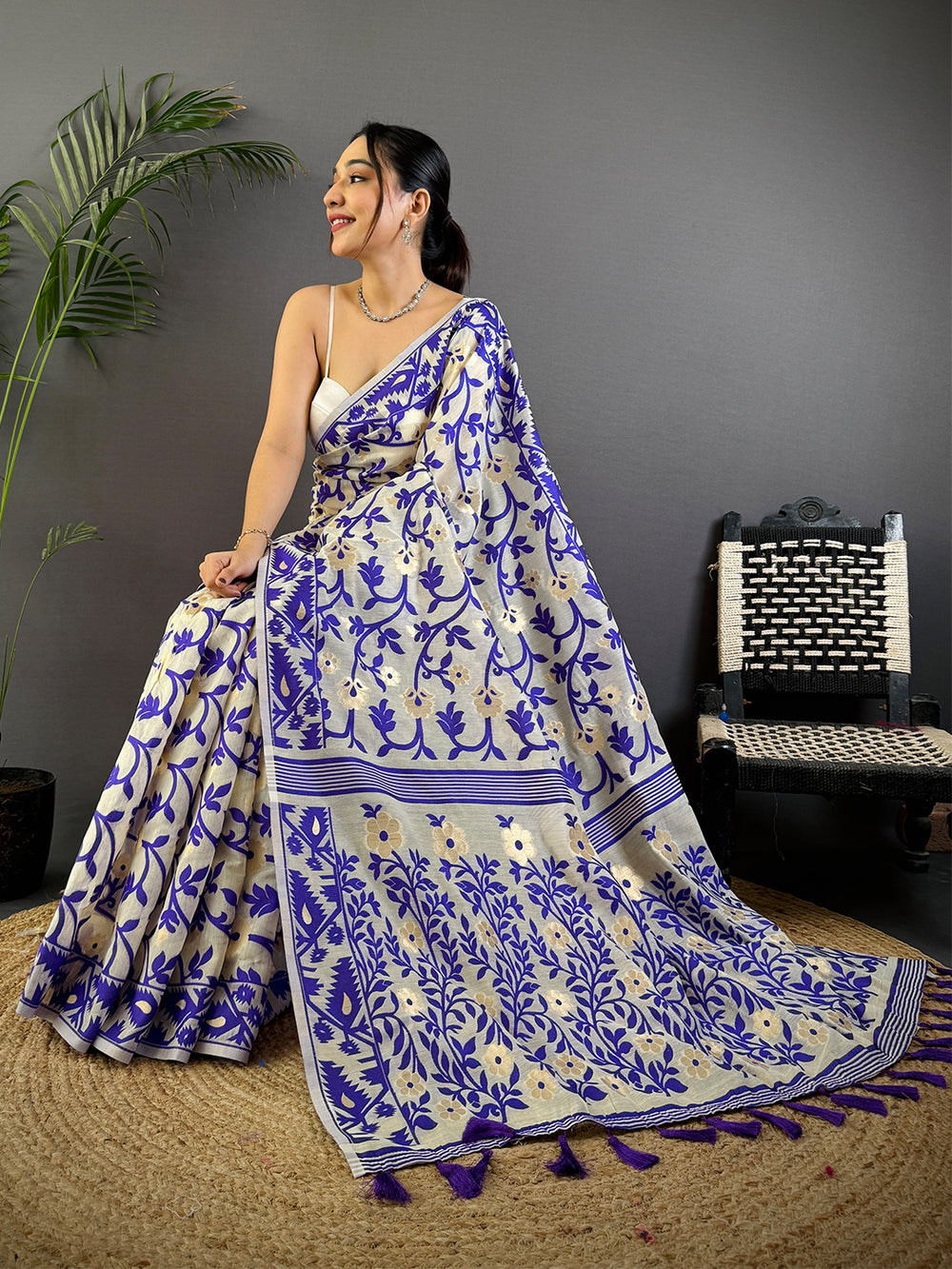 Cream & Blue Printed Cotton Saree with Tassel Border