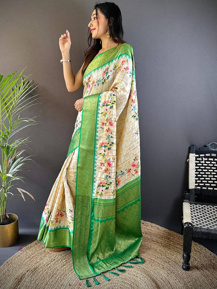 Cream & Green Soft Silk Saree with Floral Print and Rich Green Zari Border