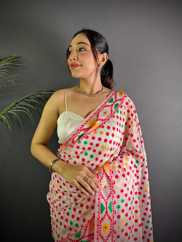 White Bandhani Print Cotton Saree with Colorful Dots & Tassel Border