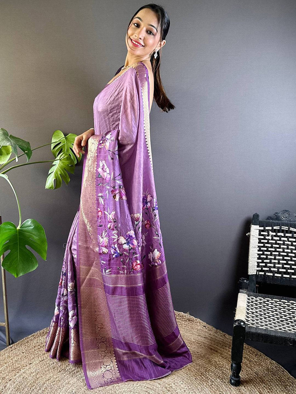 Lavender Purple Soft Silk Saree with Floral Print & Rich Zari Border